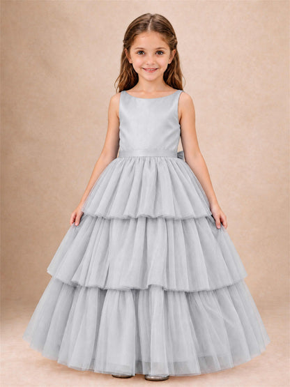 Tiered Tulle Flower Girl Dress Bateau Neck Sleeveless Long Kids Princess Gown for Wedding Party