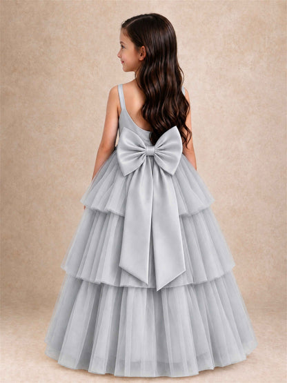 Tiered Tulle Flower Girl Dress Bateau Neck Sleeveless Long Kids Princess Gown for Wedding Party