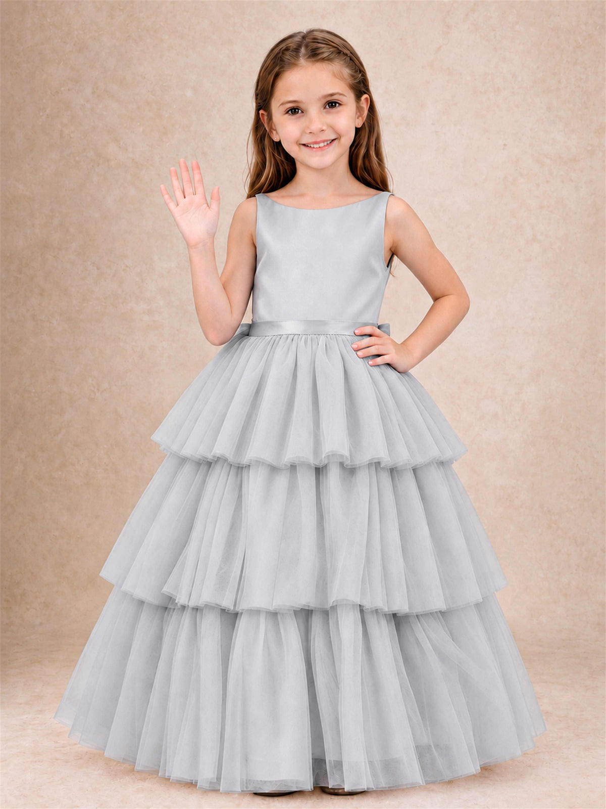 Tiered Tulle Flower Girl Dress Bateau Neck Sleeveless Long Kids Princess Gown for Wedding Party