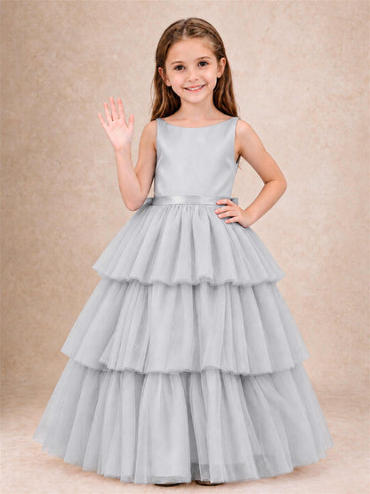 Tiered Tulle Flower Girl Dress Bateau Neck Sleeveless Long Kids Princess Gown for Wedding Party