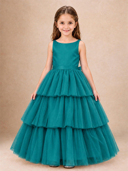 Tiered Tulle Flower Girl Dress Bateau Neck Sleeveless Long Kids Princess Gown for Wedding Party