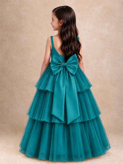 Tiered Tulle Flower Girl Dress Bateau Neck Sleeveless Long Kids Princess Gown for Wedding Party