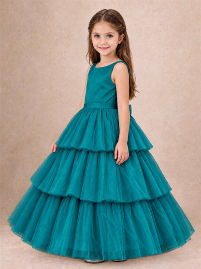 Tiered Tulle Flower Girl Dress Bateau Neck Sleeveless Long Kids Princess Gown for Wedding Party