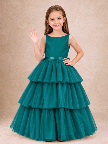 Tiered Tulle Flower Girl Dress Bateau Neck Sleeveless Long Kids Princess Gown for Wedding Party