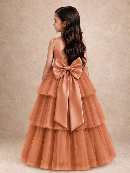 Tiered Tulle Flower Girl Dress Bateau Neck Sleeveless Long Kids Princess Gown for Wedding Party