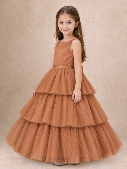 Tiered Tulle Flower Girl Dress Bateau Neck Sleeveless Long Kids Princess Gown for Wedding Party