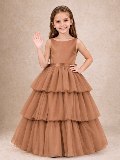 Tiered Tulle Flower Girl Dress Bateau Neck Sleeveless Long Kids Princess Gown for Wedding Party