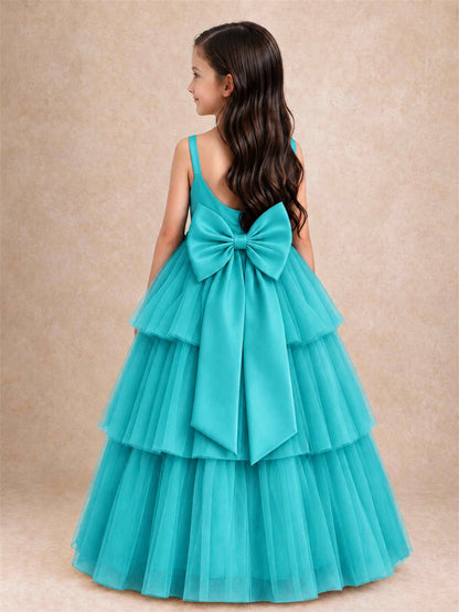 Tiered Tulle Flower Girl Dress Bateau Neck Sleeveless Long Kids Princess Gown for Wedding Party