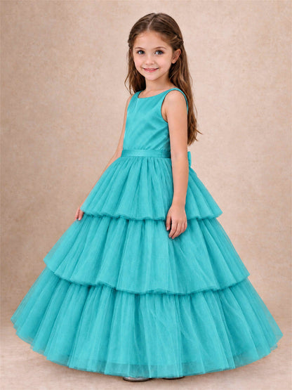 Tiered Tulle Flower Girl Dress Bateau Neck Sleeveless Long Kids Princess Gown for Wedding Party