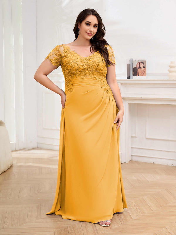 Mustard Time-honored Sheath Ruched Chiffon Floor Length Plus Size Mother Of The Bride Dresses