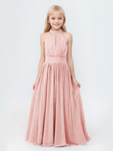 Timeless A-Line Halter Pleated Chiffon Long Junior Bridesmaid Dresses