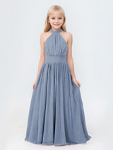 Timeless A-Line Halter Pleated Chiffon Long Junior Bridesmaid Dresses