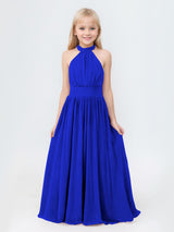 Timeless A-Line Halter Pleated Chiffon Long Junior Bridesmaid Dresses