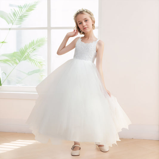 Timeless A-Line Sleeveless Tulle Applique Long Flower Girl Dresses