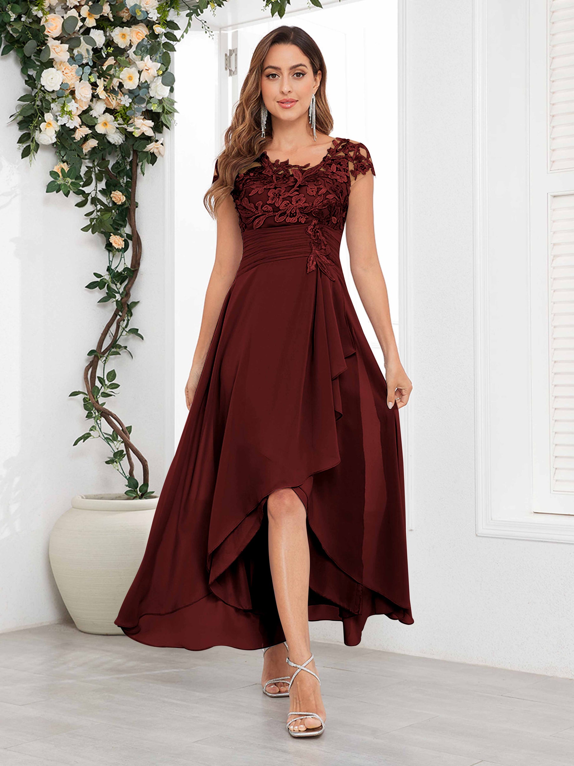 Timeless Short Sleeves Lace Chiffon High-Low Mother Of The Bride Dress –