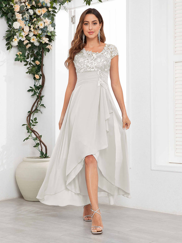 Ivory Timeless Short Sleeves Lace Chiffon High-Low Mother Of The Bride Dresses