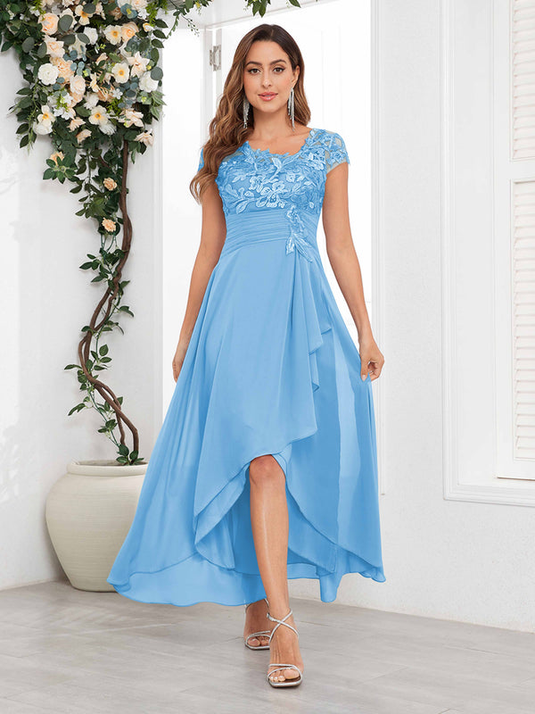 Light Blue Timeless Short Sleeves Lace Chiffon High-Low Mother Of The Bride Dresses