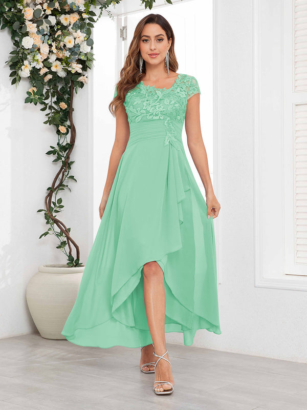Mint Green Timeless Short Sleeves Lace Chiffon High-Low Mother Of The Bride Dresses
