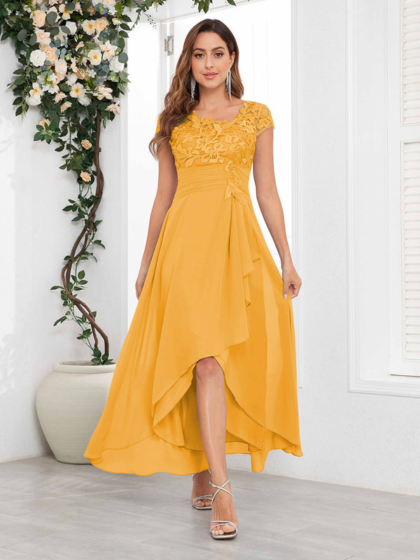 Mustard Timeless Short Sleeves Lace Chiffon High-Low Mother Of The Bride Dresses
