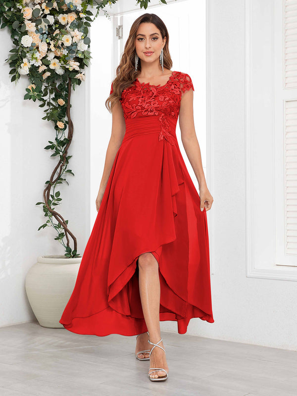 Red Timeless Short Sleeves Lace Chiffon High-Low Mother Of The Bride Dresses