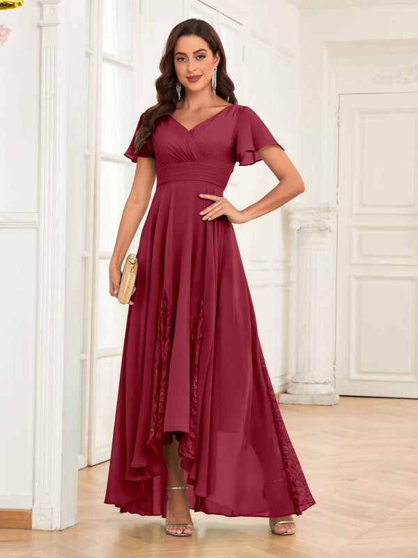 Cinnamon Rose Trendy Cap Sleeves Ruched Lace Chiffon Mother Of The Bride Dresses