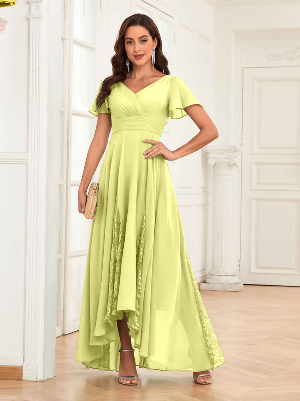 Daffodil Trendy Cap Sleeves Ruched Lace Chiffon Mother Of The Bride Dresses