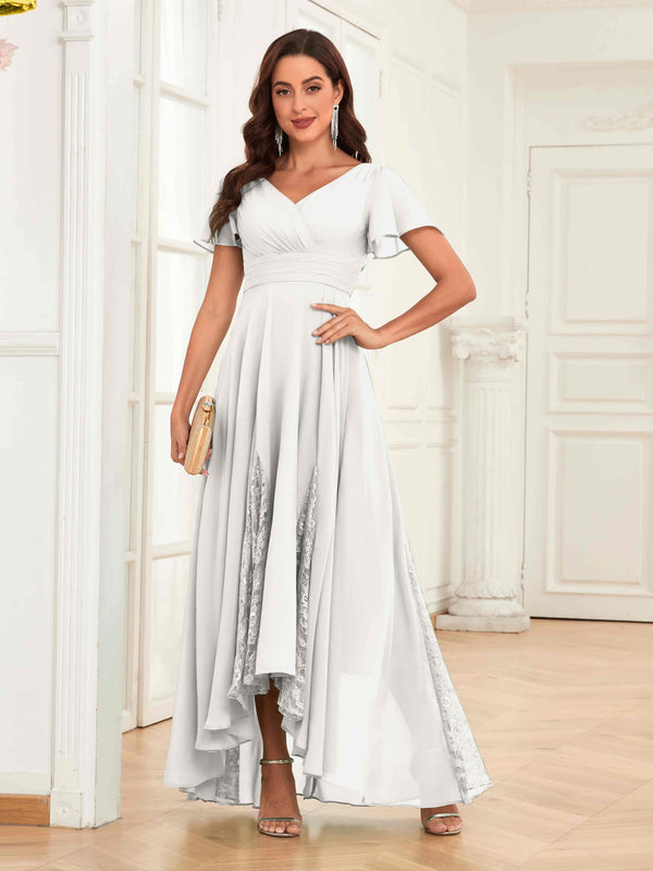 Ivory Trendy Cap Sleeves Ruched Lace Chiffon Mother Of The Bride Dresses