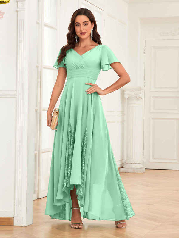 Mint Green Trendy Cap Sleeves Ruched Lace Chiffon Mother Of The Bride Dresses