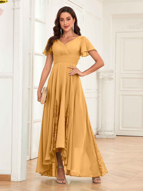 Mustard Trendy Cap Sleeves Ruched Lace Chiffon Mother Of The Bride Dresses