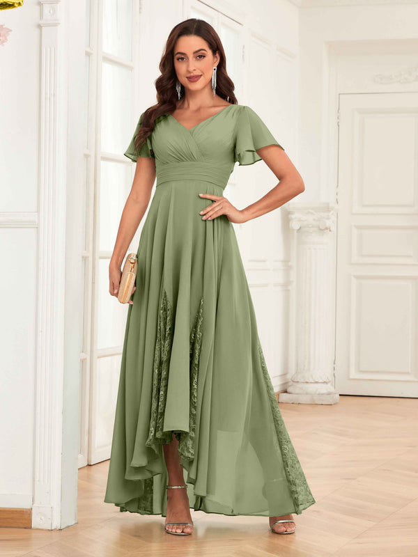 Olive Green Trendy Cap Sleeves Ruched Lace Chiffon Mother Of The Bride Dresses