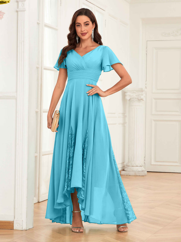 Pool Trendy Cap Sleeves Ruched Lace Chiffon Mother Of The Bride Dresses