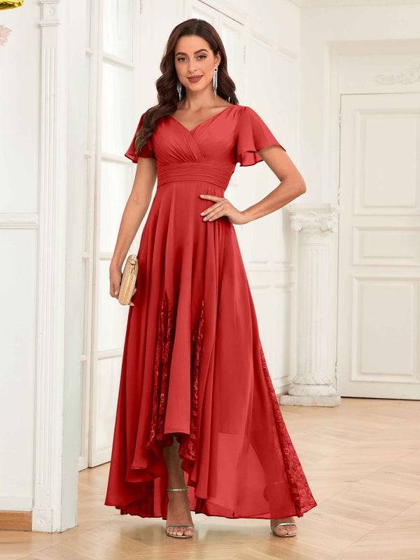 Red Trendy Cap Sleeves Ruched Lace Chiffon Mother Of The Bride Dresses