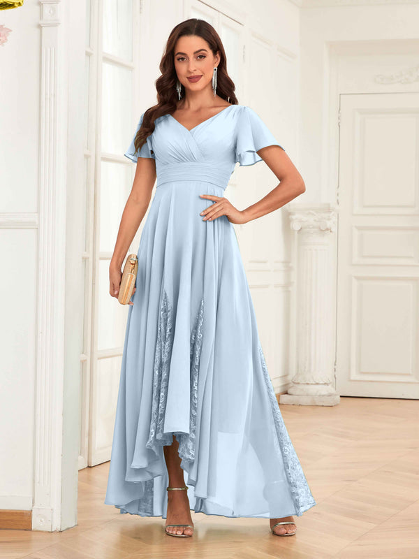 Sky Blue Trendy Cap Sleeves Ruched Lace Chiffon Mother Of The Bride Dresses