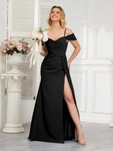 Trendy Cowl Neck Off The Shoulder Long Bridesmaid Dresses With Slit