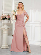 Trendy Cowl Neck Off The Shoulder Long Bridesmaid Dresses With Slit