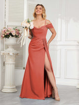 Trendy Cowl Neck Off The Shoulder Long Bridesmaid Dresses With Slit