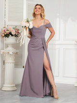 Trendy Cowl Neck Off The Shoulder Long Bridesmaid Dresses With Slit
