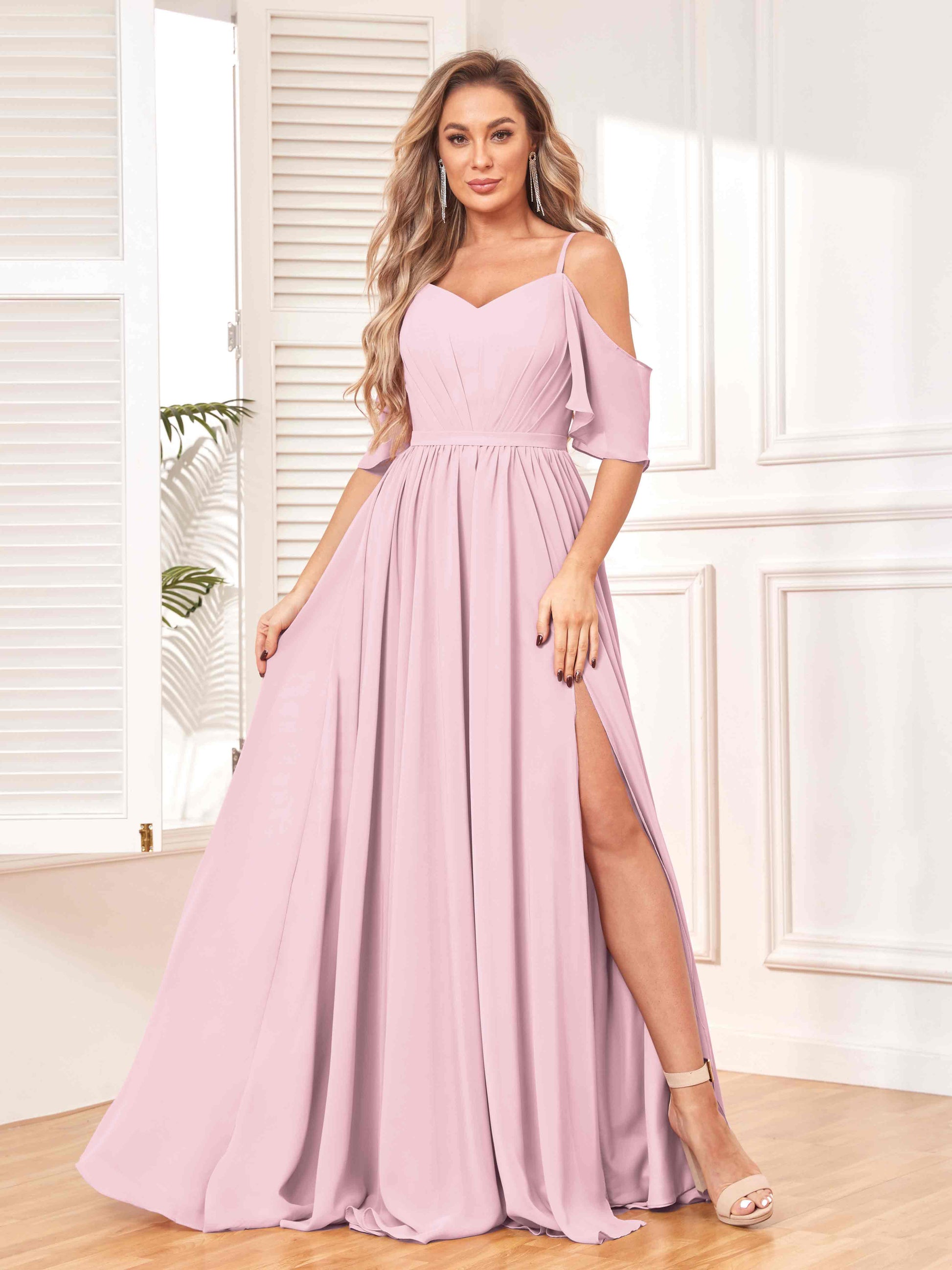 draped bridesmaid dress Ocean Blue Cowl Neck Thin Strap Slit Charmeuse Draped Bridesmaid Dress
