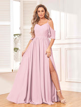 Trendy Draped Sleeves Ruched Slit Chiffon Bridesmaid Dresses