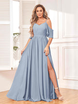 Trendy Draped Sleeves Ruched Slit Chiffon Bridesmaid Dresses