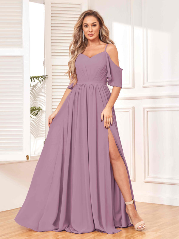 Dusty Purple Trendy Draped Sleeves Ruched Slit Chiffon Bridesmaid Dresses