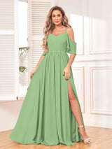 Trendy Draped Sleeves Ruched Slit Chiffon Bridesmaid Dresses
