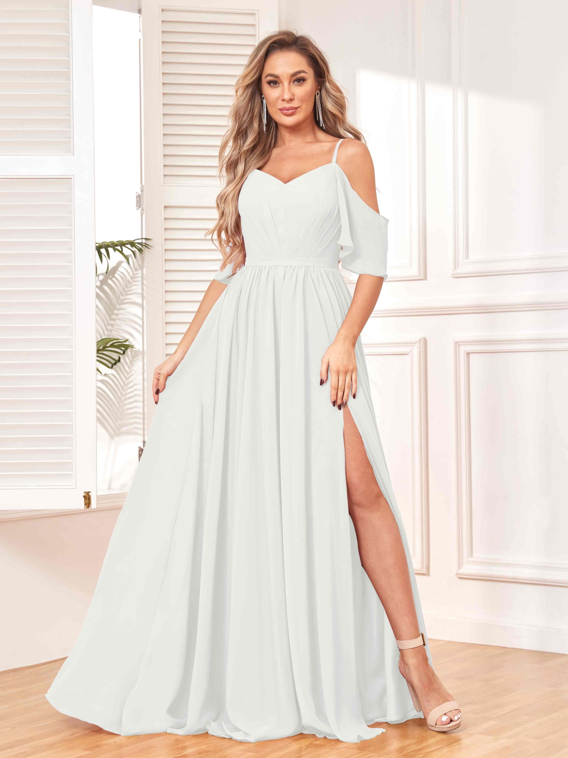 Trendy Draped Sleeves Ruched Slit Chiffon Bridesmaid Dresses mollyevers.com Trendy Draped Sleeves Ruched Slit Chiffon Bridesmaid Dresses mollyevers.com