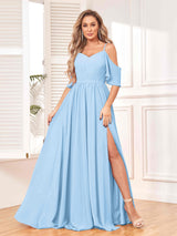Trendy Draped Sleeves Ruched Slit Chiffon Bridesmaid Dresses