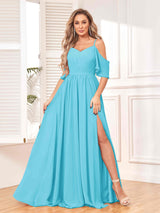 Trendy Draped Sleeves Ruched Slit Chiffon Bridesmaid Dresses