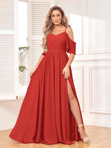 Trendy Draped Sleeves Ruched Slit Chiffon Bridesmaid Dresses
