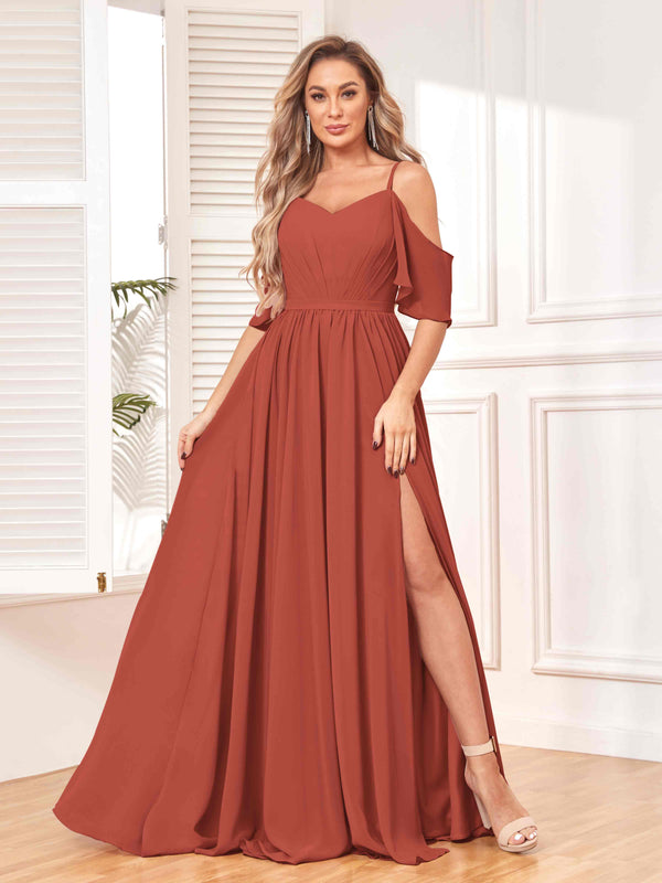 Rust Trendy Draped Sleeves Ruched Slit Chiffon Bridesmaid Dresses