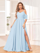 Trendy Draped Sleeves Ruched Slit Chiffon Bridesmaid Dresses