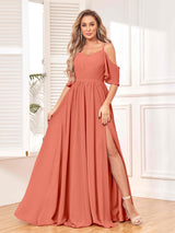 Trendy Draped Sleeves Ruched Slit Chiffon Bridesmaid Dresses