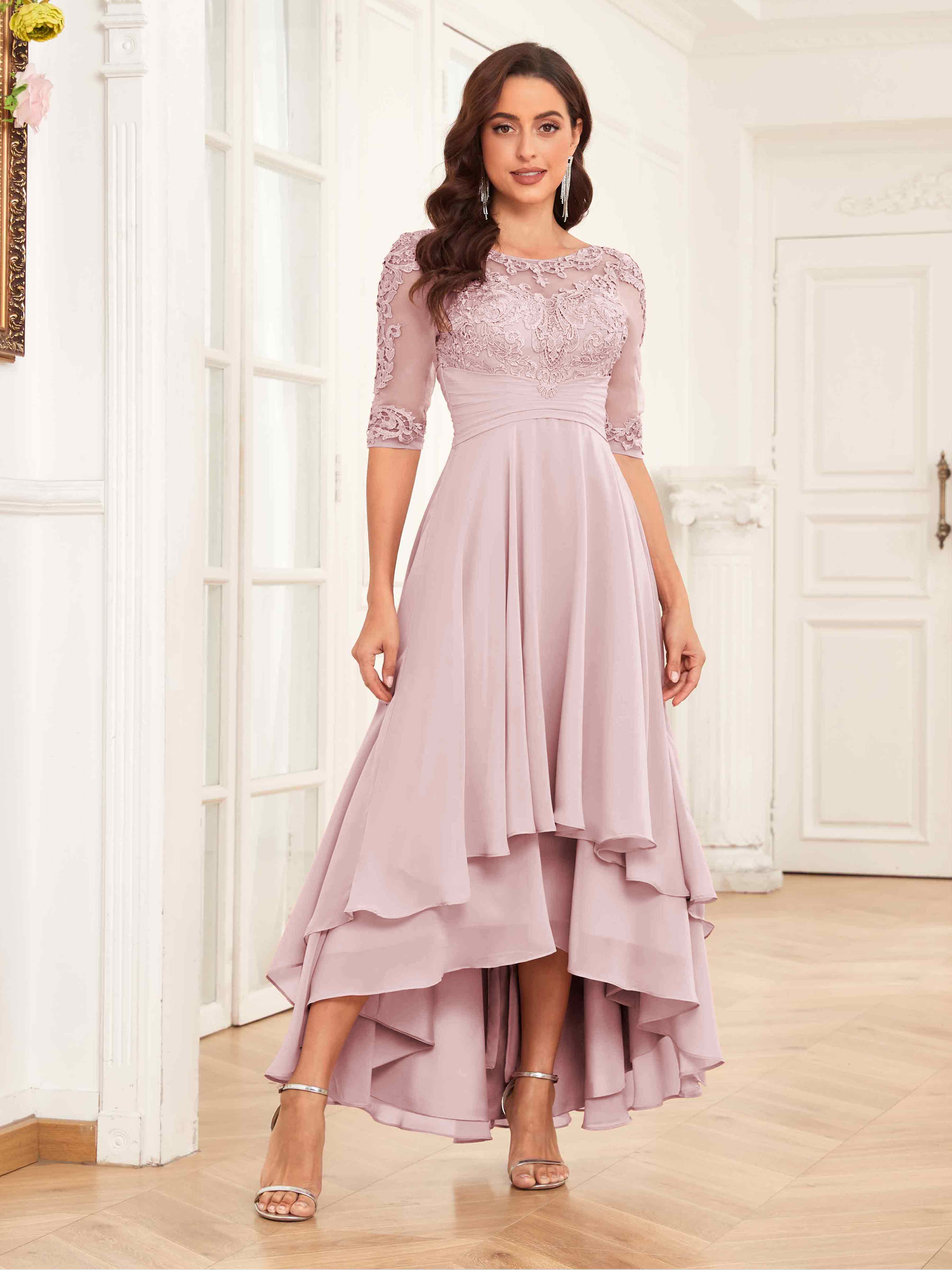 Trendy Half Sleeves Appliques Lace Chiffon Mother Of The Bride Dresses